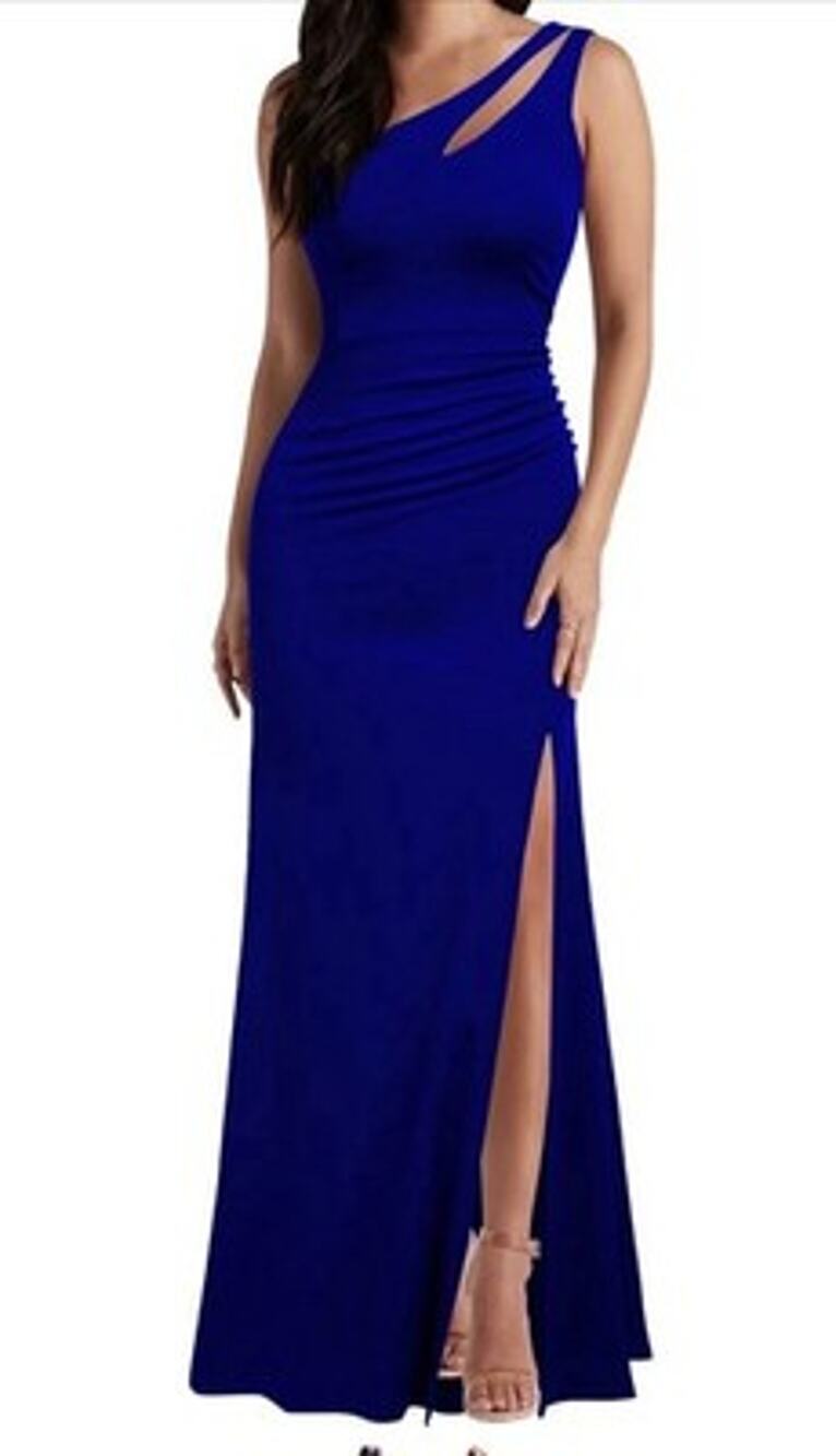 Women's One Shoulder Sleeveless Split Bodycon Mermaid Evening Dress Blue Small